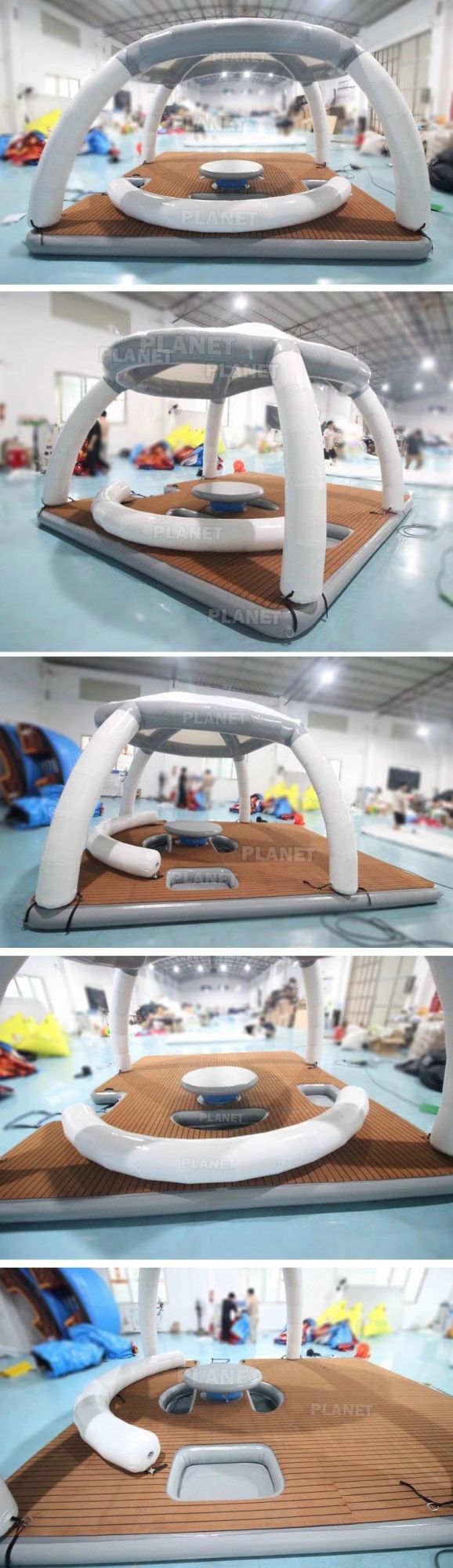 High Quality Anti-Slip Teak EVA Inflatable Aqua Banas Water Floating Island Leisure Platform with Tent